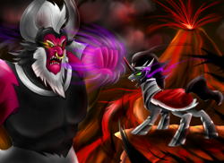 Size: 2600x1896 | Tagged: safe, artist:pinkrose2001, imported from derpibooru, king sombra, lord tirek, fight, lava, volcano