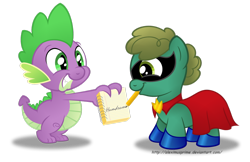 Size: 1280x831 | Tagged: safe, artist:aleximusprime, imported from derpibooru, humdrum, humdrum (pony), spike, dragon, earth pony, pony, autograph, colt, humdrum (character), male, power ponies, simple background, transparent background, vector