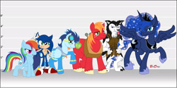 Size: 2096x1052 | Tagged: safe, artist:brodogz, imported from derpibooru, big macintosh, princess luna, rainbow dash, soarin', oc, oc:fox trot, earth pony, pony, wolf, a new dawn, crossover, fanfic, fanfic art, height, male, reference sheet, size chart, sonic the hedgehog, sonic the hedgehog (series), stallion, the simple life