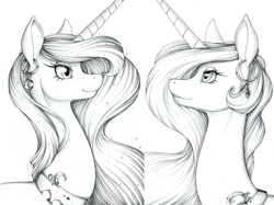 Size: 1644x1232 | Tagged: safe, artist:longinius, imported from derpibooru, princess celestia, princess luna, alicorn, grayscale, monochrome, piercing, portrait, sketch, smiling, traditional art