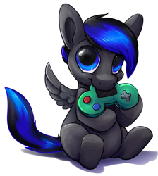 Size: 862x964 | Tagged: safe, artist:tazara, imported from derpibooru, oc, oc only, oc:8-bit, pegasus, pony, :t, cute, foal, looking at you, mouth hold, nom, sitting, smiling, solo, spread wings