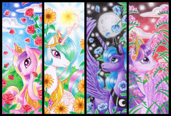 Size: 1043x709 | Tagged: safe, artist:neko-ichigo, imported from derpibooru, princess cadance, princess celestia, princess luna, twilight sparkle, alicorn, pony, alicorn tetrarchy, female, flower, mare, s1 luna, traditional art, twilight sparkle (alicorn)