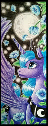 Size: 244x638 | Tagged: safe, artist:neko-ichigo, imported from derpibooru, princess luna, female, flower, moon, night, s1 luna, solo, spread wings, traditional art