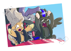 Size: 4355x3118 | Tagged: safe, artist:dilarus, deleted from derpibooru, imported from derpibooru, maud pie, oc, oc:8-bit, oc:autumn oak, group photo, roller coaster