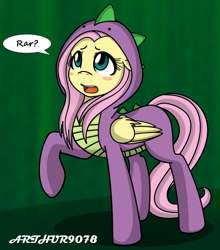 Size: 800x908 | Tagged: safe, artist:arthur9078, artist:spittfireart, imported from derpibooru, fluttershy, spike, pegasus, pony, blush sticker, blushing, clothes, colored, confused, costume, cute, dragon costume, fanfic art, female, floppy ears, kigurumi, looking up, mare, open mouth, raised hoof, rar, rawr, shyabetes, simple background, solo