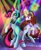 Size: 3060x3756 | Tagged: safe, artist:thenornonthego, imported from derpibooru, oc, oc only, oc:chemical glow, oc:island beat, pegasus, pony, unicorn, bipedal, bracelet, chest fluff, club, dance floor, dancing, drink, ear piercing, earring, glasses, glow rings, jewelry, magic, neckerchief, piercing, telekinesis