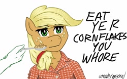 Size: 1280x800 | Tagged: safe, artist:anearbyanimal, imported from derpibooru, applejack, anthro, corn flakes, plaid, vulgar, wat