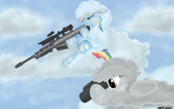 Size: 1280x800 | Tagged: safe, artist:anearbyanimal, imported from derpibooru, derpy hooves, rainbow dash, pegasus, pony, barrett, barrett m82, binoculars, cloud, cutie mark, duo, female, floppy ears, ghillie suit, gun, hooves, lying down, lying on a cloud, mare, on a cloud, optical sight, rifle, sitting, sitting on a cloud, sitting on cloud, sniper, sniper rifle, weapon