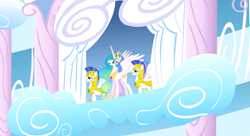 Size: 1099x597 | Tagged: safe, imported from derpibooru, screencap, princess celestia, alicorn, pegasus, pony, sonic rainboom (episode), female, male, mare, royal guard, stallion