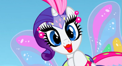 Size: 1099x597 | Tagged: safe, imported from derpibooru, screencap, rarity, sonic rainboom (episode), and then there's rarity, fashion disaster, female, glimmer wings, heavy makeup, irony, lipstick, looking at you, rarity being rarity, solo, tacky