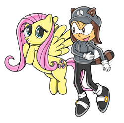 Size: 3500x3467 | Tagged: safe, artist:yoit, imported from derpibooru, fluttershy, oc, oc:super liam, crossover, high res, power-up, sonic the hedgehog (series), style emulation, super mario bros., super mario bros. 3, tanooki suit, yuji uekawa style