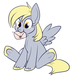 Size: 480x506 | Tagged: safe, artist:lulubell, imported from derpibooru, derpy hooves, pegasus, pony, :t, cute, derpabetes, diabetes, featured image, female, hoof polish, horses doing horse things, letter, mare, mouth hold, nail polish, nom, simple background, sitting, smiling, solo, transparent background, underhoof, unshorn fetlocks, weapons-grade cute