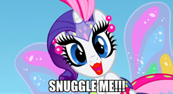 Size: 884x480 | Tagged: safe, imported from derpibooru, rarity, female, image macro, imma snuggle you, makeup, meme, solo