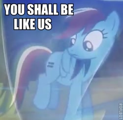 Size: 371x362 | Tagged: safe, edit, edited screencap, imported from derpibooru, screencap, rainbow dash, cyberman, pegasus, pony, the cutie map, caption, doctor who, equal cutie mark, female, image macro, mare, meme, reference, roflbot, tomb of the cybermen