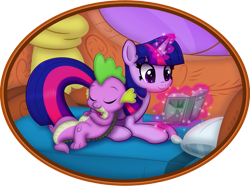 Size: 1001x745 | Tagged: safe, artist:ctb-36, imported from derpibooru, spike, twilight sparkle, alicorn, pony, bed, book, cute, female, levitation, mare, pillow, prone, reading, sleeping, twilight sparkle (alicorn), window