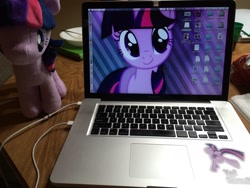 Size: 2048x1536 | Tagged: safe, imported from derpibooru, twilight sparkle, computer, irl, laptop computer, macbook, photo, plushie, sticker, wallpaper