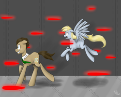 Size: 1024x822 | Tagged: safe, artist:melisong777, imported from derpibooru, derpy hooves, doctor whooves, time turner, pegasus, pony, female, flying, galloping, laser, mare, running