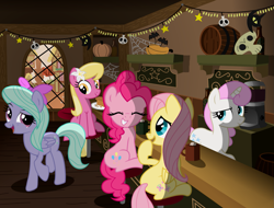 Size: 1759x1339 | Tagged: safe, artist:nerfpony, imported from derpibooru, flitter, fluttershy, lily, lily valley, pinkie pie, twinkleshine, earth pony, pegasus, pony, unicorn, autumn, female, hot chocolate, laughing, mare, nightmare night, pie, pumpkin, raised hoof, smiling