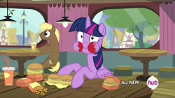 Size: 1280x720 | Tagged: safe, imported from derpibooru, screencap, coco crusoe, twilight sparkle, alicorn, earth pony, pony, twilight time, drink, female, hay burger, hay fries, male, mare, stallion, that pony sure does love burgers, twilight burgkle, twilight sparkle (alicorn)