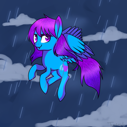 Size: 4500x4500 | Tagged: safe, artist:jandi-seal, imported from derpibooru, oc, oc only, oc:poorple night, pegasus, pony, absurd resolution, eyebrows, fangs, flying, rain