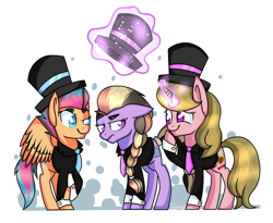 Size: 5500x4500 | Tagged: safe, artist:jandi-seal, imported from derpibooru, oc, oc only, earth pony, pegasus, pony, unicorn, absurd resolution, clothes, eyebrows, hat, magic, suit, telekinesis, top hat