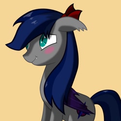 Size: 894x894 | Tagged: safe, artist:ask-bluehorizon, imported from derpibooru, oc, oc only, oc:blue horizon, bat pony, pony, blushing, female, hair bow, mare, smiling, solo