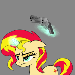 Size: 1500x1500 | Tagged: safe, artist:samey90, imported from derpibooru, sunset shimmer, pony, unicorn, annoyed, gun, magic, revolver, smith & wesson, smith & wesson model .500 magnum