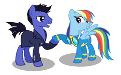 Size: 2880x1800 | Tagged: safe, artist:nonamepaper, imported from derpibooru, rainbow dash, pegasus, pony, crossover, doctor who, female, flirting, jack harkness, male, mare, simple background, spread wings, straight, torchwood, transparent background, wings, wonderbolts uniform