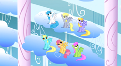 Size: 1099x597 | Tagged: safe, imported from derpibooru, screencap, cloud kicker, derpy hooves, dizzy twister, lightning bolt, merry may, orange swirl, sassaflash, white lightning, pegasus, pony, sonic rainboom (episode), audience, background pony, background pony audience, cloudiseum, female, mare, stands