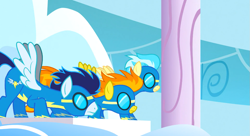 Size: 1099x597 | Tagged: safe, imported from derpibooru, screencap, misty fly, soarin', spitfire, sonic rainboom (episode), wonderbolts