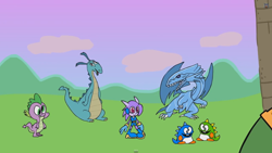 Size: 1920x1080 | Tagged: safe, imported from derpibooru, spike, dragon, blue-eyes white dragon, bob, bobblun, bobby, bub, bubble bobble, bubblun, bubby, crossover, derp, freedom planet, lilac, lore, pony reference, sash lilac, taito, the reluctant dragon, yu-gi-oh!