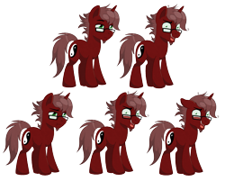 Size: 1683x1353 | Tagged: safe, alternate version, artist:thegamblehorse, imported from derpibooru, oc, oc only, oc:sojourner, pony, unicorn, bored, brown mane, cutie mark, expressions, eyewear, floppy ears, frown, frustrated, glasses, goatee, green eyes, insanity, looking at you, messy mane, red fur, simple background, smiling, transparent background, yin-yang