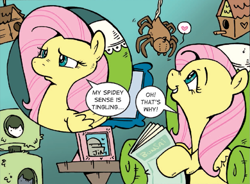 Size: 1087x800 | Tagged: safe, artist:katiecandraw, idw, imported from derpibooru, cave troll jim, fluttershy, cave troll, pegasus, pony, spider, cute, female, fluttershy being fluttershy, heart, magazine, mare, needs more jpeg, picture frame, spider-sense