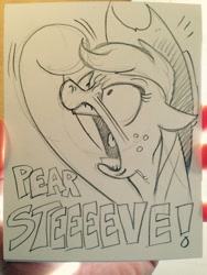 Size: 640x852 | Tagged: safe, artist:andypriceart, imported from derpibooru, applejack, angry, female, monochrome, solo, swearing, traditional art