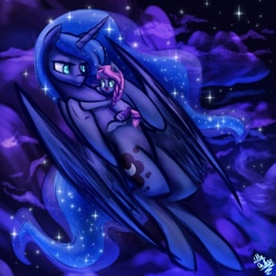 Size: 894x894 | Tagged: safe, artist:glitteronin, imported from derpibooru, princess luna, oc, oc:seline, azuna, cute, female, filly, foal, hug, missing accessory, mother and daughter, night, offspring, on back, open mouth, parent:oc:azure night, parent:princess luna, parents:azuna, parents:canon x oc, size difference, smiling, stars, underhoof