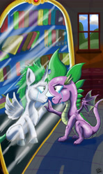 Size: 3508x5906 | Tagged: safe, artist:dinodraketakethecake, imported from derpibooru, spike, alicorn, pony, crying, mirror, otherkin, ponified spike, sad, story included, wings