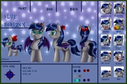 Size: 1098x728 | Tagged: safe, artist:pridark, imported from derpibooru, oc, oc only, oc:blue horizon, bat pony, pony, emotions, female, filly, hair bow, mare, reference sheet, smiling, solo