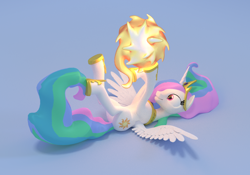 Size: 2000x1400 | Tagged: safe, artist:uncommented, imported from derpibooru, princess celestia, 3d, behaving like a cat, cute, cutelestia, female, grin, happy, hoofy-kicks, legs in air, on back, playing, smiling, solo, spread wings, sun, tangible heavenly object