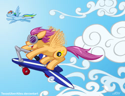 Size: 780x600 | Tagged: safe, artist:texasuberalles, imported from derpibooru, rainbow dash, scootaloo, pegasus, pony, cloud, cloudy, cutie mark, duo, flying, goggles, scootaloo can fly, scootalove, scooter