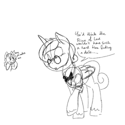 Size: 700x700 | Tagged: safe, artist:goat train, imported from derpibooru, princess cadance, shining armor, bowtie, clothes, glasses, gleaming shield, monochrome, prince bolero, rule 63, sketch, vest