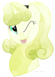 Size: 586x811 | Tagged: safe, artist:faith-wolff, imported from derpibooru, oc, oc only, oc:banana pudding, crystal pony, pony, unicorn, bust, crystal pony oc, crystal unicorn, female, head, horn, one eye closed, solo, tongue out, unicorn oc, wink