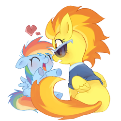 Size: 700x700 | Tagged: safe, artist:masa_0006, imported from derpibooru, rainbow dash, spitfire, pegasus, pony, blushing, cute, cutefire, dashabetes, duo, eyes closed, female, filly, filly rainbow dash, glasses, heart, incoming hug, mare, open mouth, pixiv, simple background, white background, younger