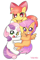 Size: 600x888 | Tagged: safe, artist:toraneko, imported from derpibooru, apple bloom, scootaloo, sweetie belle, earth pony, pegasus, pony, unicorn, adorabloom, blank flank, blushing, cute, cutealoo, cutie mark crusaders, diasweetes, female, filly, open mouth, pixiv