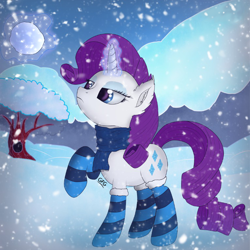 Size: 766x766 | Tagged: safe, artist:goforgold, imported from derpibooru, rarity, clothes, female, scarf, snow, snowfall, socks, solo, striped socks, winter