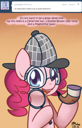 Size: 500x779 | Tagged: safe, artist:solar-slash, imported from derpibooru, pinkie pie, ask pinkie pie solutions, ask, deerstalker, detective, female, glasses, hat, magnifying glass, pipe, sherlock holmes, sherlock pie, solo, tumblr
