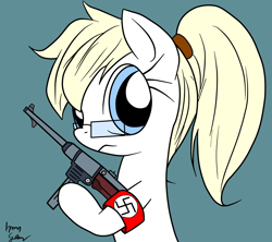 Size: 1800x1600 | Tagged: safe, artist:aryanne, artist:iron gear, artist:randy, imported from derpibooru, oc, oc only, oc:aryanne, close-up, cute, glasses, gun, looking at you, machine gun, mp-40, mp40, nazi, nerd, ponytail, solo, swastika, weapon