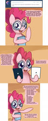 Size: 900x2243 | Tagged: safe, artist:solar-slash, imported from derpibooru, pinkie pie, ask pinkie pie solutions, ask, book, female, glasses, solo, tumblr