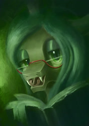 Size: 1240x1754 | Tagged: safe, artist:plainoasis, imported from derpibooru, queen chrysalis, changeling, changeling queen, book, fangs, female, forked tongue, glasses, looking at you, solo, tongue out