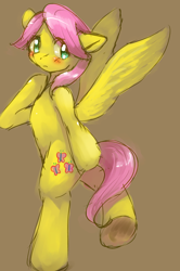 Size: 1272x1920 | Tagged: safe, artist:yajima, imported from derpibooru, fluttershy, pony, bipedal, butterscotch, rule 63, solo