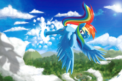 Size: 3240x2160 | Tagged: safe, artist:alskylark, imported from derpibooru, rainbow dash, cloud, cloud busting, cloudy, female, solo